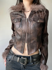 BXOXO - summer inspo Streetwear Faux Collar Women Moto Style Jackets Autumn Long Sleeve Fashion Chic Design Short Leather Coat