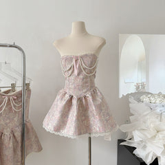 BXOXO - summer inspo Sweet Elegance Retro Jacquard Strapless Dress for Women Fashion Dresses Cute Pearl Pendant Slim Fit Patchwork Sexy Mini Dress