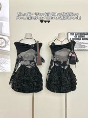 BXOXO - summer inspo Spring Two Piece Set Women Slash Neck Strap T-shirt Cute Skirt Suit Female Korean Slim Tops+Princess Cake Skirt 2025