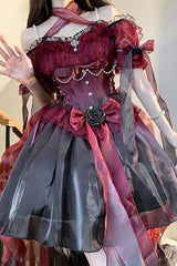 BXOXO - Wine Red Midsummer Dream Short Sleeves Ruffle Hanayome Off-The-Shoulder Gothic Short Lolita Dress