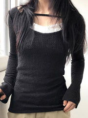 BXOXO - Lace Faux Two-Piece Long Sleeve Top