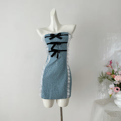 BXOXO - summer inspo Elegant Off Shoulder Dress Women Lace Bow Patchwork Vintage Mini Dresses Sexy Slim Backless Mini Dress Party Club