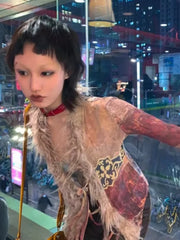 BXOXO Grunge Vintage Y2k Mesh Shirt Women Harajuku Japanese Tops Hippie Print Blouses Retro Streetwear 2000s Shirt Aesthetics