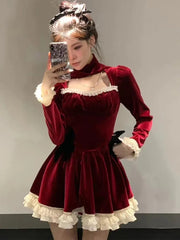 BXOXO party look inspos Vintage Christmas Sweet Velvet Princess Dresses for Women Autumn Elegant Lace Patchwork Birthday Party Vestidos Y2K Mini Dress