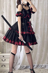 BXOXO - Black/Red Plaid Print Color Contrast Leather Buckle Bowknot Ruffle Gothic Lolita JSK Dress
