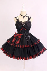 BXOXO - Black/Red Plaid Print Color Contrast Leather Buckle Bowknot Ruffle Gothic Lolita JSK Dress
