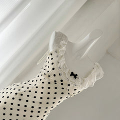 BXOXO - summer inspo French Retro Polka Dot Print Sexy Sling Dress Women 2025 New Lace Stitching Bodycon Mini Sundress Holiday Party