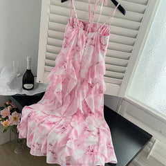 BXOXO - summer inspo Summer Beach Print V-neck Sling Halter Dress Women Sexy Sleeveless Lace-Up Backless Loose Dress 2025 New Holiday Casual Robe