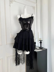 BXOXO Summer France Fashion Strap Irregular Party Dress Women Ruffles Splicing Lace Sequins Slim Mini Dress Sexy Chic Designer Clothes