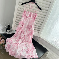 BXOXO - summer inspo Summer Beach Print V-neck Sling Halter Dress Women Sexy Sleeveless Lace-Up Backless Loose Dress 2025 New Holiday Casual Robe