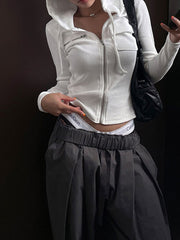 BXOXO - summer inspo Solid Basic Casual Zipper Pocket Slim Long Sleeve Hooded Jackets Women Spring Autumn