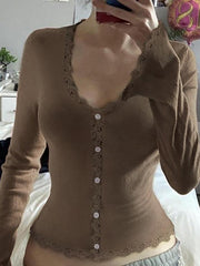 BXOXO - Lace Trim V-Neck Button-Up Knit Top