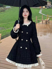BXOXO party look inspos Autumn Black Vintage Tweed Dresses Women Lace Patchwork Elegant Mini Dress Female Long Sleeve Chic Party Vestidos Y2K Clothes
