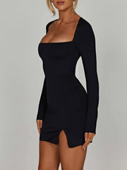 BXOXO - summer inspo Backless Lace-Up Slim Sexy Black Short Dress Women Square Collar Solid Split Elegant Basic Long Sleeve Baddie Clubwear