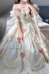 BXOXO - Ivory Tana Manor Rose Flower Long Sleeves Ruffle Bowknot Elegant Sweet Princess Lolita Strapless Dress