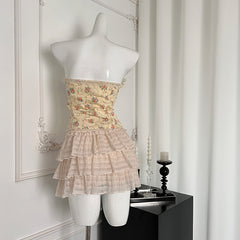 BXOXO - summer inspo Sweet Style Skirt Sets Women Floral Slim Fit Strapless Short Top Cake Mini Skirt Two Piece Set