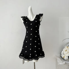 BXOXO - summer inspo Fashion Summer New Floral A Line Mini Dress Retro Small Flying Sleeve Casual Short Dress V Neck Holiday Slim A Line Dress