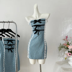 BXOXO - summer inspo Elegant Off Shoulder Dress Women Lace Bow Patchwork Vintage Mini Dresses Sexy Slim Backless Mini Dress Party Club