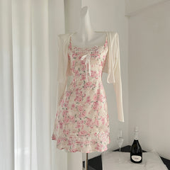 BXOXO - summer inspo Sweet Style Two Piece Set Women New Casual Cardigan +Cute Mini Dress Female Floral Print Casual Floral Dress Suit
