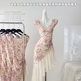 BXOXO - summer inspo Irregular Floral Long Dress Women Elegant Lace Trim Bowtie Stitch V-neck Ruffle Dress Vintage Print Dress