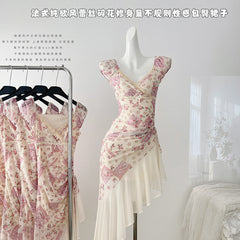 BXOXO - summer inspo Irregular Floral Long Dress Women Elegant Lace Trim Bowtie Stitch V-neck Ruffle Dress Vintage Print Dress