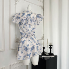 BXOXO - summer inspo Spicy Girls Style Two Piece Set Women Outfits Summer Spliced Small Flying Sleeve Tops High Waist Cake Short Skirt Set