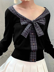 BXOXO - V-Neck Plaid Tie Bow Contrast Long Sleeve Top