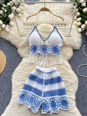 BXOXO 2025 Beach Suits Sexy Two Pieces Set Women Fashion Halter Tassel Tank Top + Elastic Wide Legs Hollow Out Casual Shorts Female