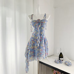 BXOXO - summer inspo Y2k Fairy Dress Women Summer Floral Halter Ribbon Irregular Ruffle Slim Short Dresses French Holiday Sweet Dress Vestidos