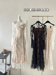 BXOXO - summer inspo Women's Knitted Dress Lace Mesh Patchwork Long Sleeve Square Collar Lace Up Sexy Mermaid Skirt Spring New Club Party Dress