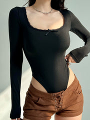 BXOXO - summer inspo Autumn Hotsweets Slim Long Sleeve Bodysuit Women Simple Lace Trim Square Collar Bow Rompers Trendy Clothing