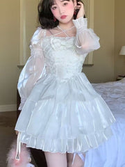 BXOXO party look inspos Japanese Lolita White Sweet Fairy Dress Women Bow Square Collar Kawaii Party Mini Dress Female Autumn Casual Fashion Chic Dress