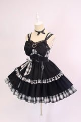 BXOXO - Black/White Plaid Print Color Contrast Leather Buckle Bowknot Ruffle Gothic Lolita JSK Dress