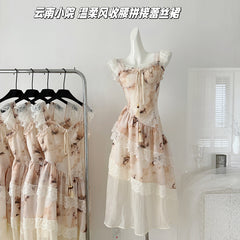 BXOXO - summer inspo Women Sleeveless Dress Gentle Sweet Korean Style Fashionable Summer All-match Flower Print Ruffles Fairy Sundress