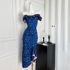 BXOXO - summer inspo Off Shoulder Sexy Flower Print Dress For Women Summer New Elegant Long Dresses Backless Bodycon Dress Vestidos