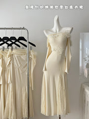 BXOXO - summer inspo Autumn New Slash Neck Mermaid Midi Dress for Women Off Shoulder Lace Splicing Long Dress Vintage Party Dresses Prom Robe