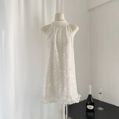 BXOXO - summer inspo Halter Off Shoulder Sequin Patchwork Dress Women Sleeveless Backless Loose Short Dresses 2025 Fashion Party