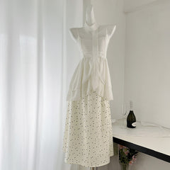 BXOXO - summer inspo Women Solid Color Beach Style Casual Two Piece Set Bow Irregular Slim Suspender Vest+A-line High Waist Long Skirts Set