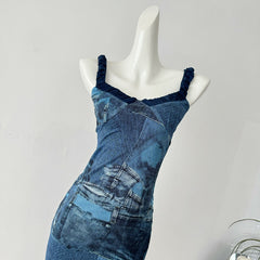 BXOXO - summer inspo Summer New Patchwork Dress Women Suspender Dresses American Retro Slim Fit Long Dress Street Style Spicy Girl Wrapped Hip Skirt