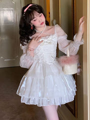 BXOXO party look inspos Japanese Lolita White Sweet Fairy Dress Women Bow Square Collar Kawaii Party Mini Dress Female Autumn Casual Fashion Chic Dress