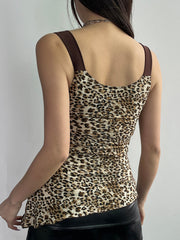 BXOXO - summer inspo Contrast Patchwork Leopard Print Slim Asymmetrical Tank Vest Female V Neck Y2K Summer Camisole Tops