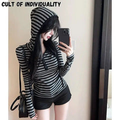 BXOXO Y2K Gothic Hoodie 90s Korea kpop Pullovers Tops Slim Stripe Long Sleeves Casual Tee shirts Hot Girl Sexy Sweatshirt Sweet Hooded