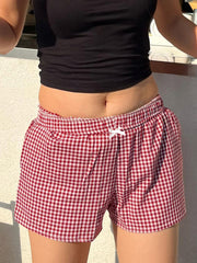 BXOXO - summer inspo Sweetown Christmas Preppy Y2K Red Plaid Elastic Waist Shorts Women Casual Loose Sweet Cute Summer Vacation Outfits