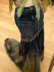Vintage Denim Splice Smocked Mermaid Maxi Skirt