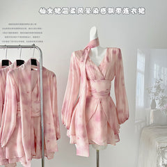 BXOXO - summer inspo Gentle Wind Long-sleeve Dress Elegant V-Neck Sweet Dresses Fairy Holiday High Waist Loose Short Dress Vestidos