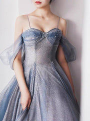 BXOXO Gray Blue Tulle Tea Length Prom Dress, Blue A line Formal Dresses