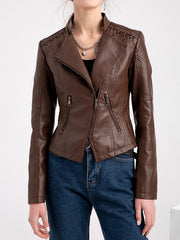 BXOXO Long Sleeves Split-Joint Zipper Mock Neck PU Jackets Outerwear