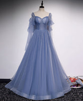BXOXO A line Blue Long Prom Dress, Blue Formal Graduation Dress with Beading