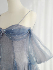 BXOXO Gray Blue Tulle Tea Length Prom Dress, Blue A line Formal Dresses