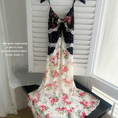 BXOXO - summer inspo Women Floral Dresses French Style Retro Patchwork Design Dress Fashion Streetwear V-neck Fashion Suspender Dress Summer New